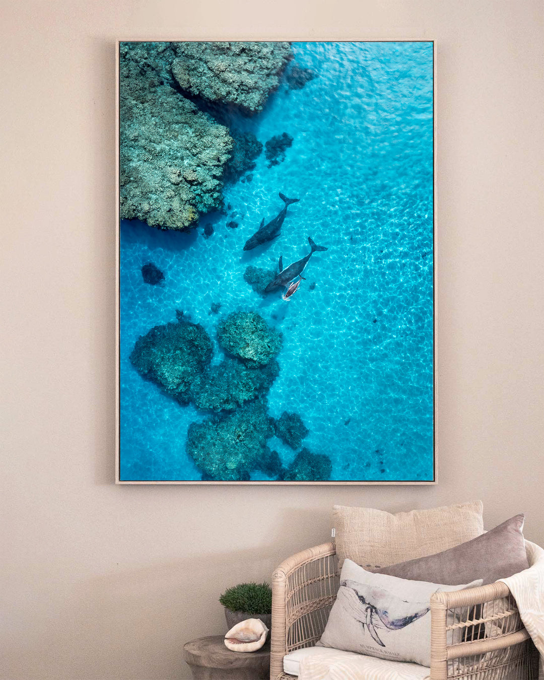 Escort in the Shallows – Humpback Whales, Aerial Photography by David Lloyd, framed canvas print in oak float frame, styled in a sitting room setting