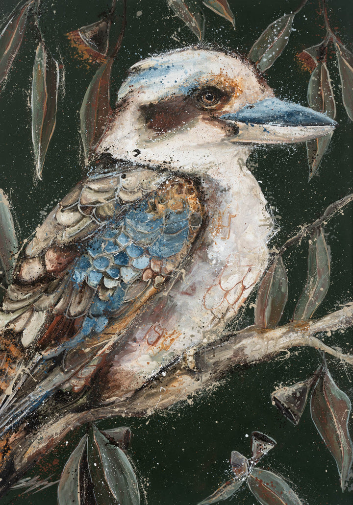 Fablewood by Stephanie Elizabeth featuring a kookaburra resting among soft eucalyptus foliage.