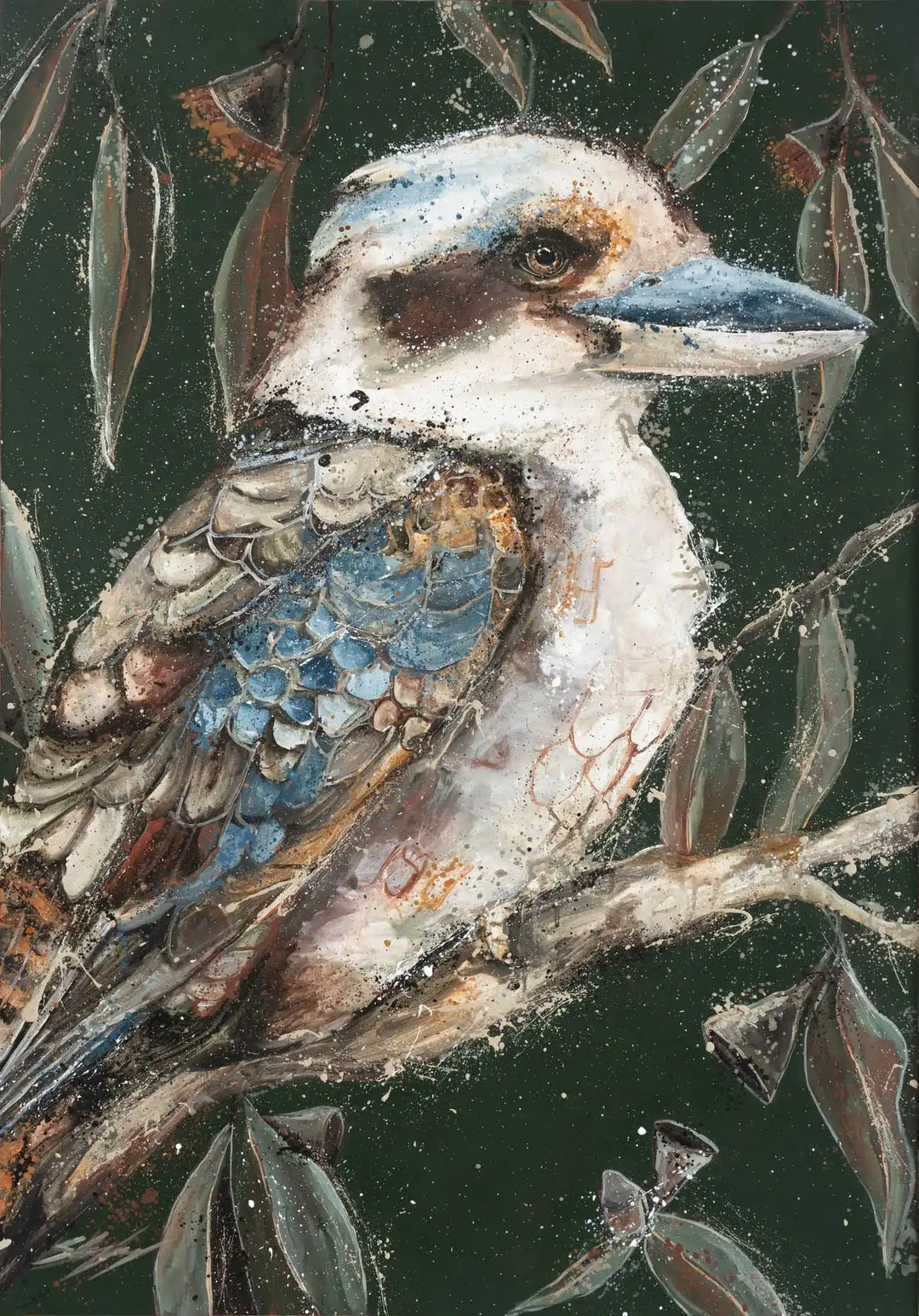 Fablewood – Original acrylic artwork of a kookaburra perched against a dark background with earthy tones and detailed feather textures.