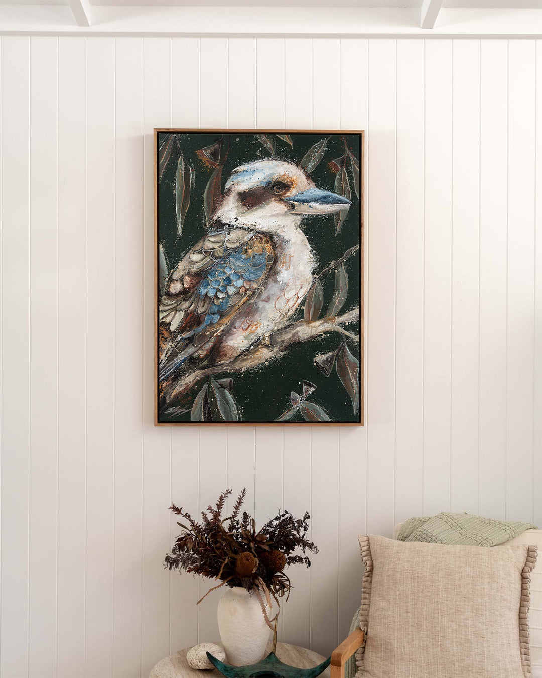 Fablewood – kookaburra, framed canvas in oak float frame, styled in a bedroom