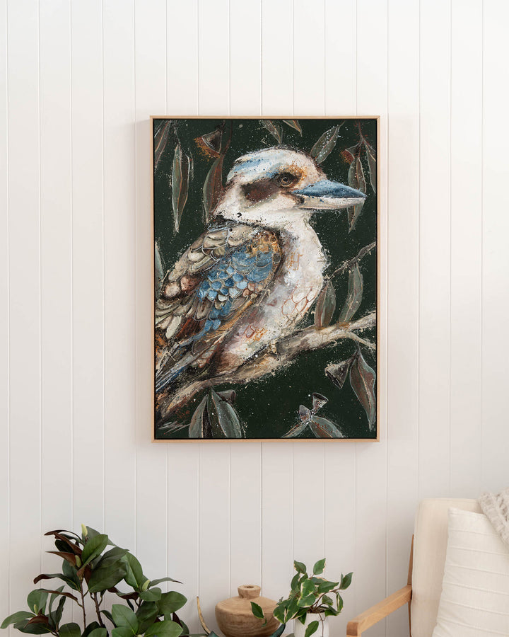 Fablewood kookaburra fine art print by Stephanie Elizabeth, framed canvas in an oak frame in a hallway