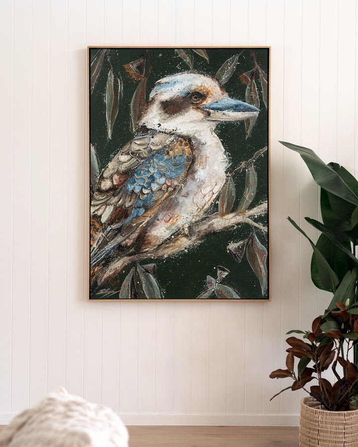 Fablewood kookaburra fine art print by Stephanie Elizabeth, framed canvas in an oak frame in a living room