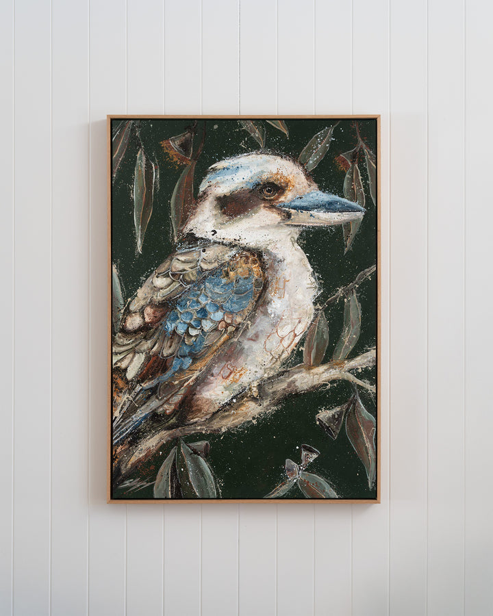 Fablewood kookaburra fine art print by Stephanie Elizabeth, framed canvas in an oak frame