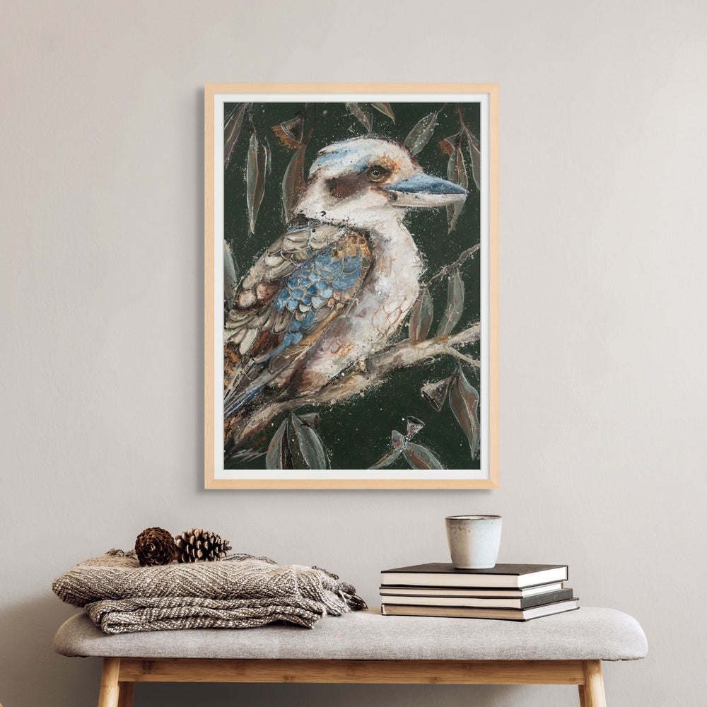 Matted oak framed presentation of Fablewood by Stephanie Elizabeth featuring a textured kookaburra artwork.