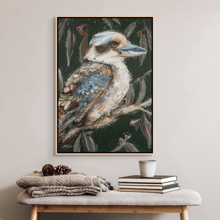 Fablewood by Stephanie Elizabeth featuring a kookaburra perched among eucalyptus leaves in an oak float frame.