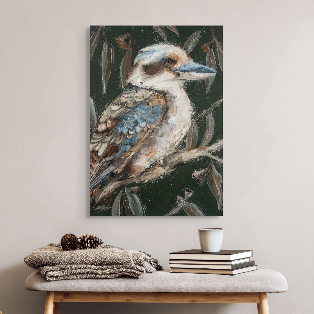 Stretched canvas presentation of Fablewood by Stephanie Elizabeth with layered kookaburra textures and deep green background.