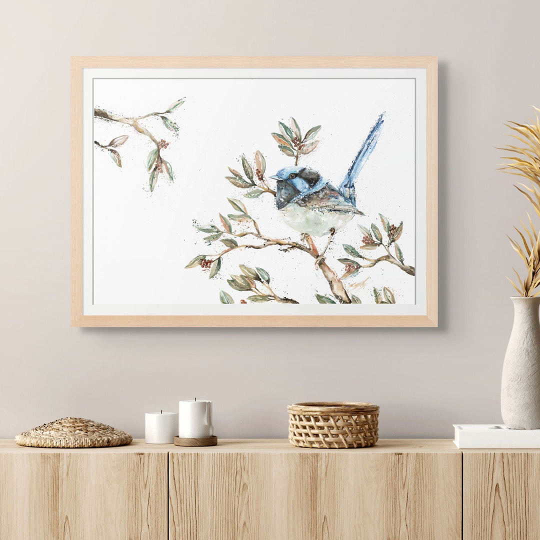 Fairy Floss by Stephanie Elizabeth – framed paper print of blue fairy-wren, fine art Australian bird print