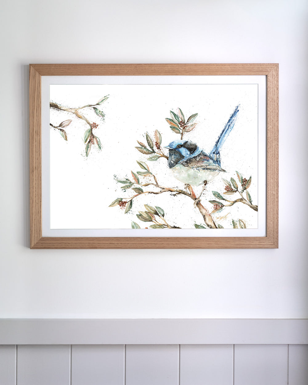 Fairy Floss fairy wren fine art print by Stephanie Elizabeth, framed paper print in an oak frame