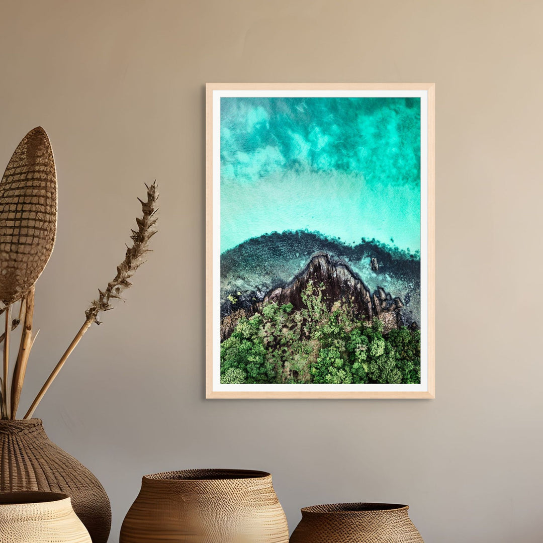 Fall At Your Feet – Aerial view of Cape Tribulation showing rainforest and reef patterns in vivid colours | Framed Paper Print by David Lloyd