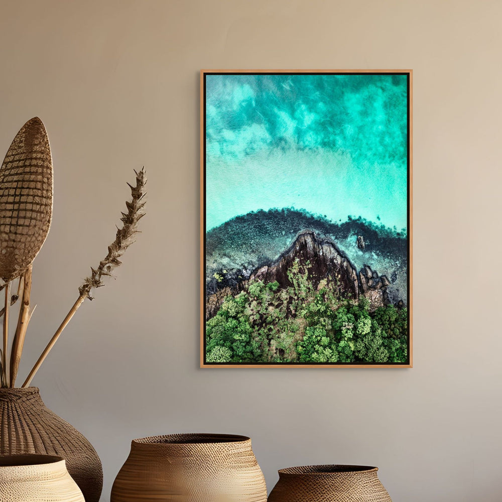 Fall At Your Feet – Aerial view of Cape Tribulation showing rainforest and reef patterns in vivid colours | Shadow Box Canvas Print by David Lloyd