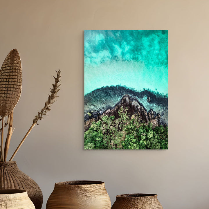 Fall At Your Feet – Aerial view of Cape Tribulation showing rainforest and reef patterns in vivid colours | Stretched Canvas Print by David Lloyd