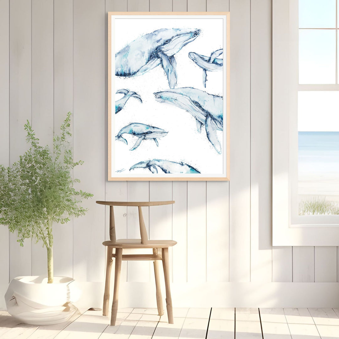 Family Trip by Stephanie Elizabeth – framed paper print of playful humpback whales in portrait orientation, Australian fine art print