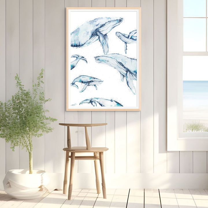 Family Trip by Stephanie Elizabeth – framed paper print of playful humpback whales in portrait orientation, Australian fine art print