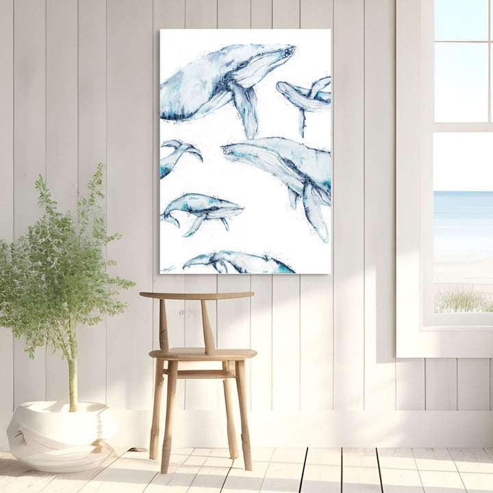 Family Trip by Stephanie Elizabeth – stretched canvas print featuring playful humpback whales, limited edition fine art print