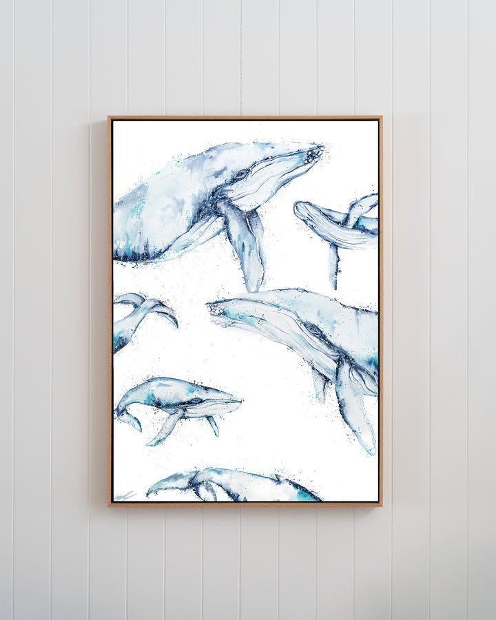 Family Trip humpback whales fine art print by Stephanie Elizabeth, framed canvas in an oak frame