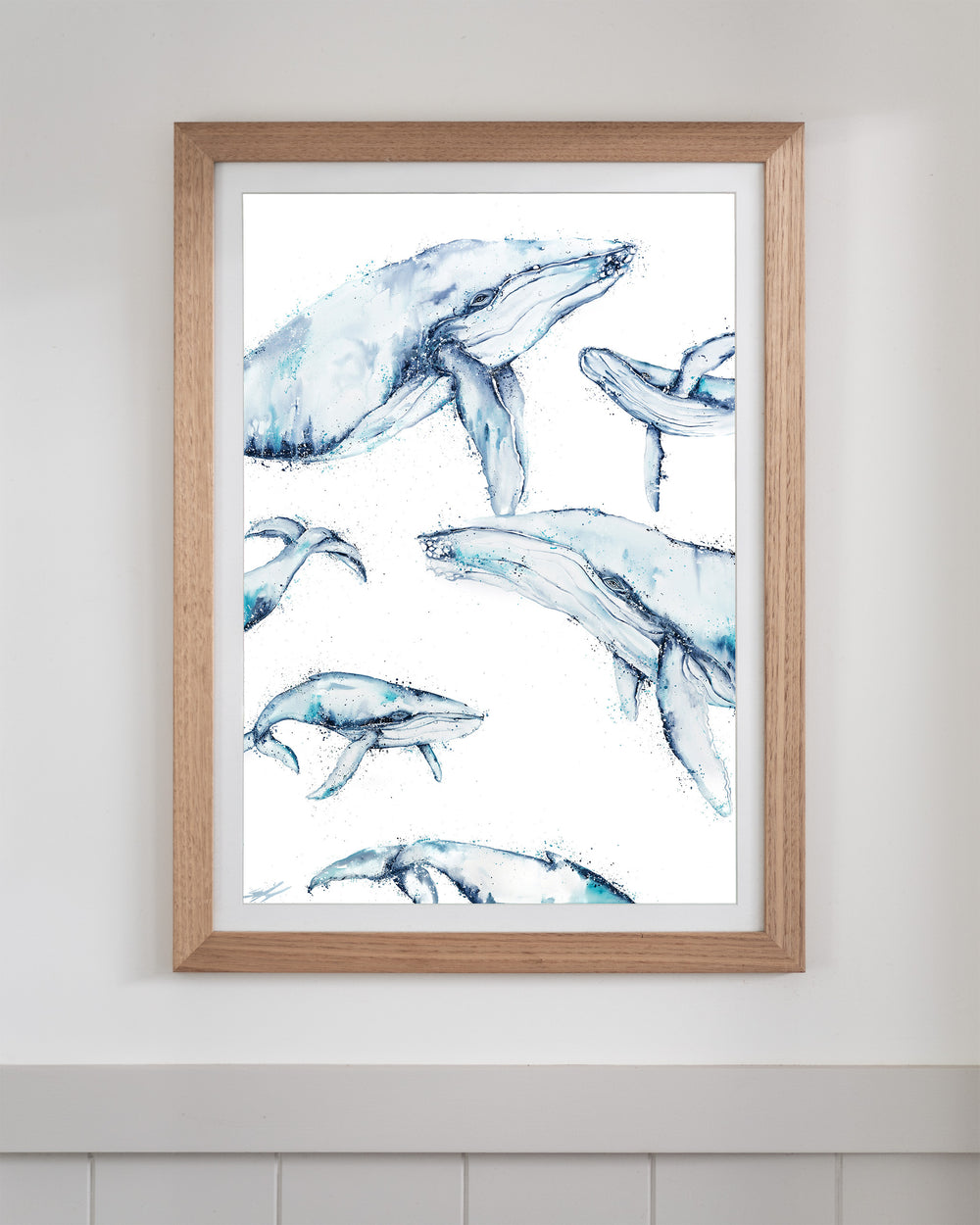 Family Trip – humpback whales, framed paper print in oak frame