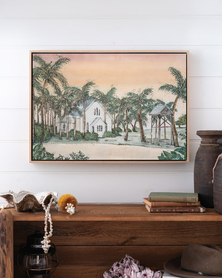 Far Northern Skies – Port Douglas landscape, framed canvas in oak float frame, styled above a timber console