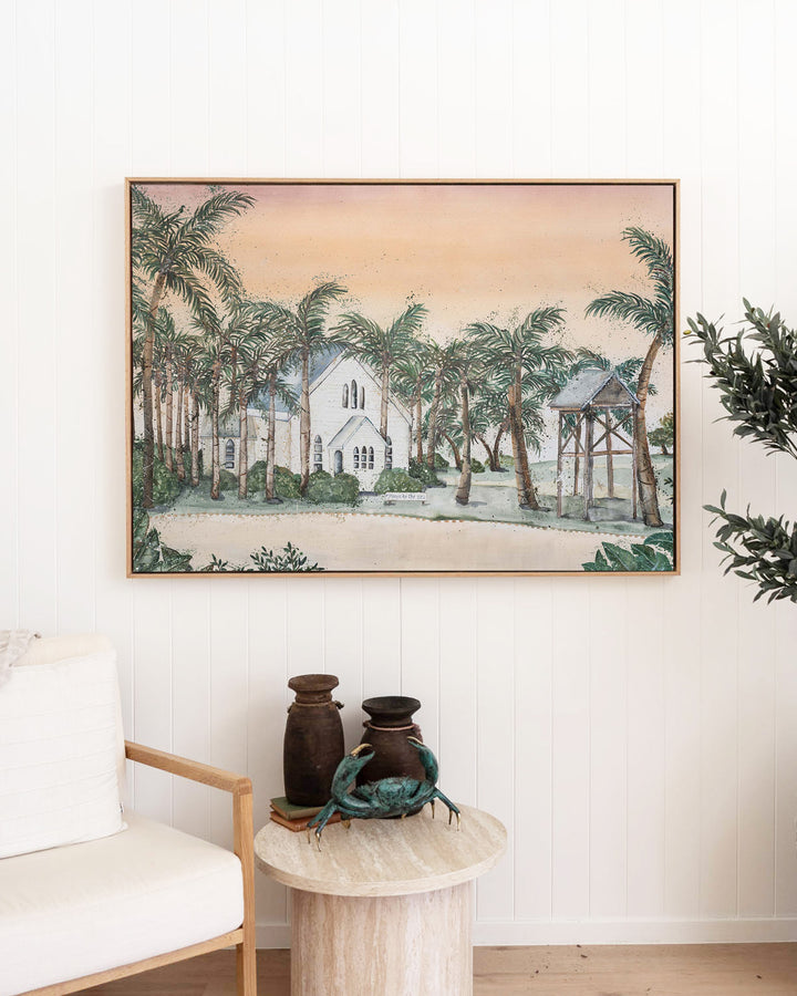 Far Northern Skies – Port Douglas landscape, framed canvas in oak float frame, styled in a living room