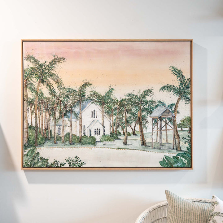 Far Northern Skies by Stephanie Elizabeth, framed painting featuring a white church, bell tower, and palm trees.