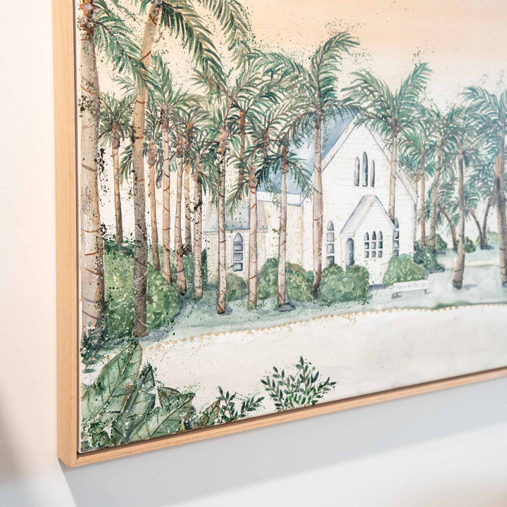 Far Northern Skies by Stephanie Elizabeth: acrylic painting of a white church among palm trees and green foliage.