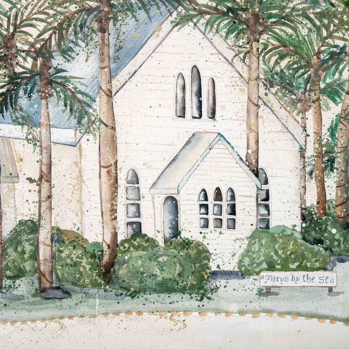 Far Northern Skies: watercolor showing a white church with arched windows, palm trees, and a Marys by the Sea sign.