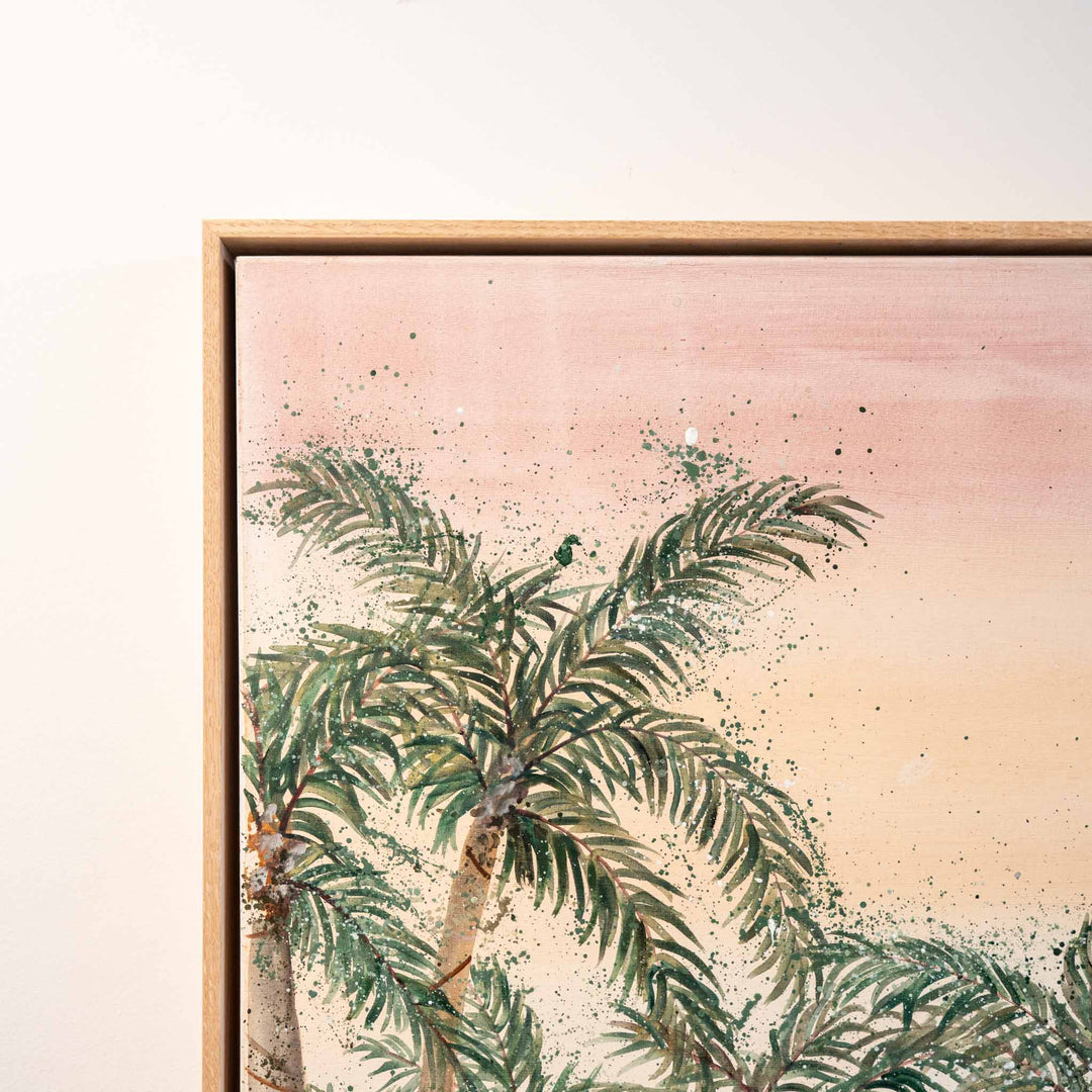 Far Northern Skies: framed acrylic painting of palm trees against a soft pink-peach sky on canvas.