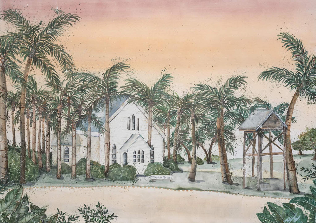 White church and palm trees with a wooden bell tower beneath a northern sky, Far Northern Skies fine art print.