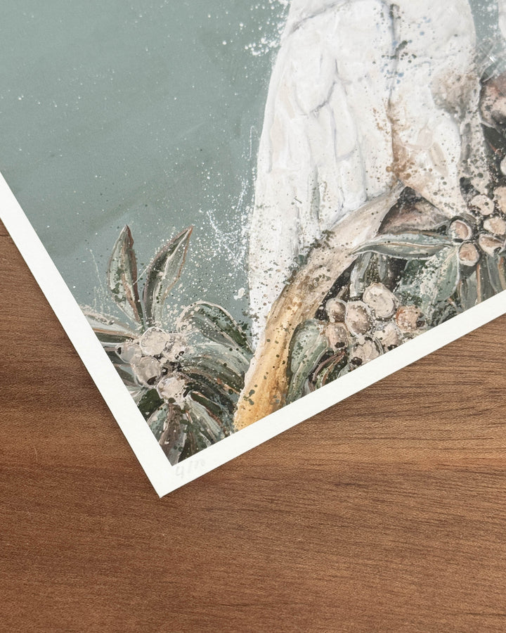 Corner of a fine art print resting on a timber surface, showing a white cockatoo&