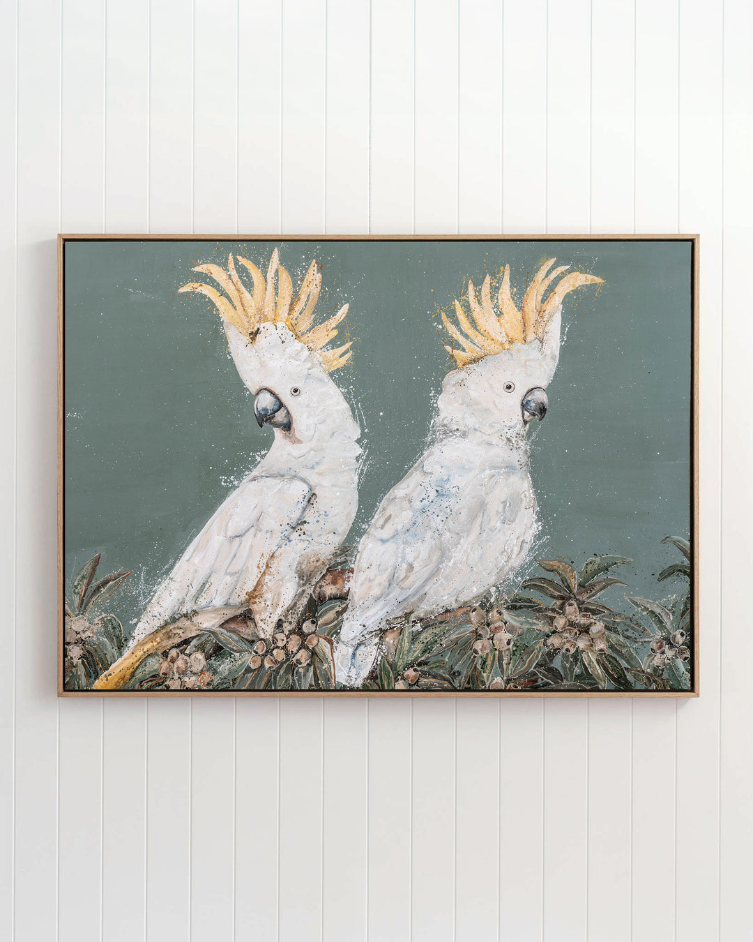 Feathers and Mayhem white cockatoo fine art print by Stephanie Elizabeth, framed canvas in an oak frame