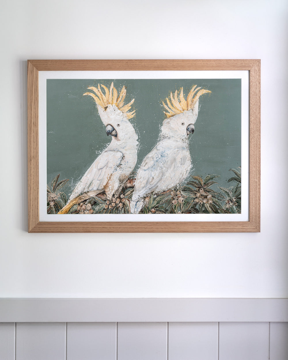 Feathers and Mayhem – white cockatoos, framed paper print in oak frame