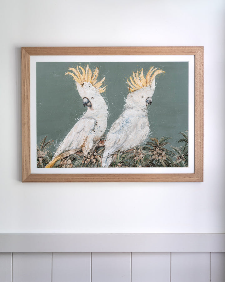 Feathers and Mayhem white cockatoo fine art print by Stephanie Elizabeth, framed paper print in an oak frame