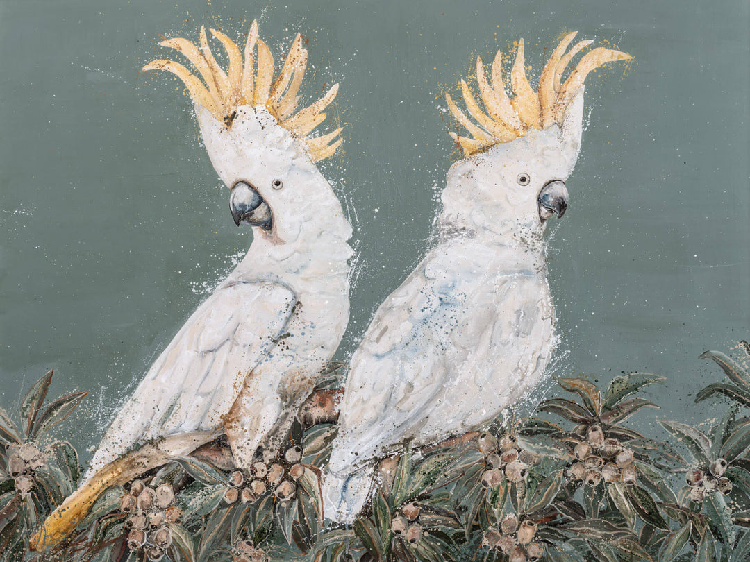 Feathers and Mayhem by Stephanie Elizabeth featuring white cockatoos in motion against a soft sage background.