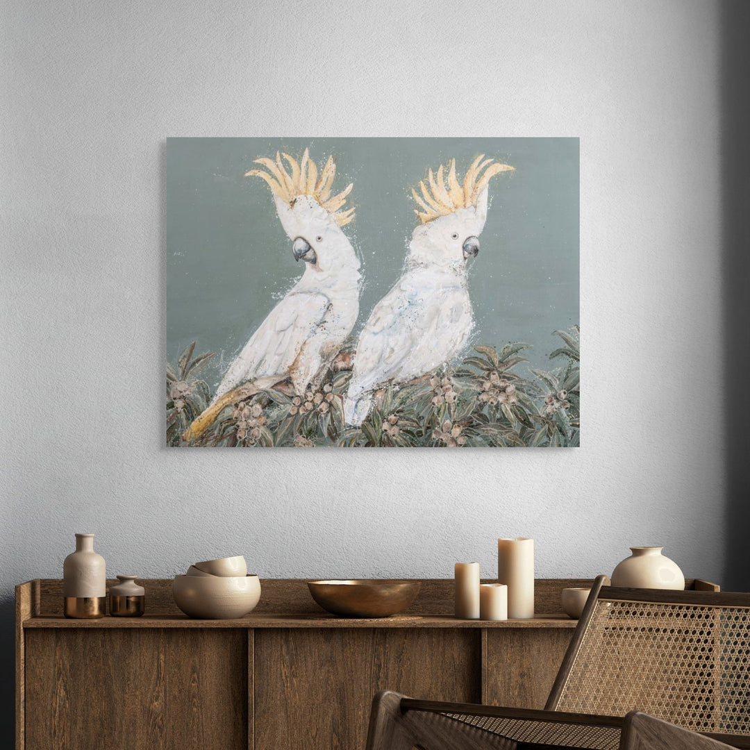 Floating frame canvas presentation of Feathers and Mayhem by Stephanie Elizabeth featuring expressive white cockatoos.