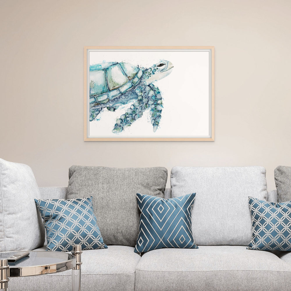 Flow with the Current by Stephanie Elizabeth – framed paper print of third turtle painted in blue, landscape orientation, swimming forward