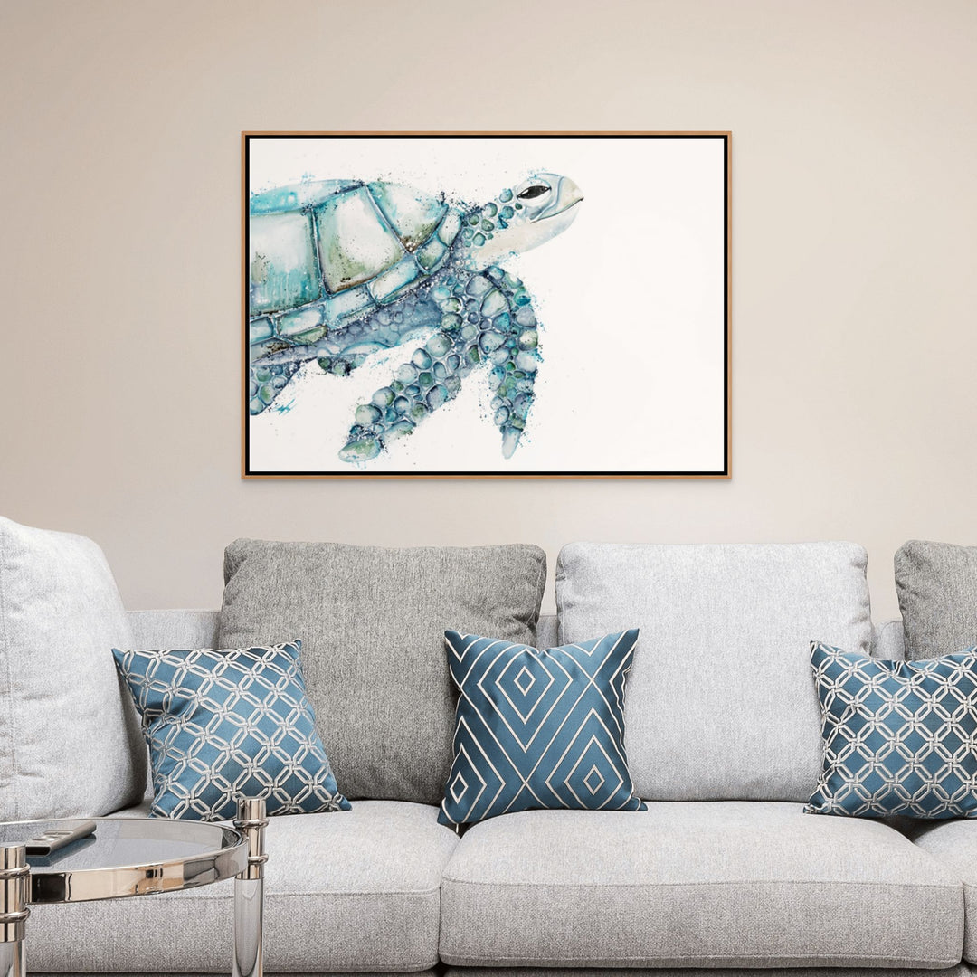 Flow with the Current by Stephanie Elizabeth – shadow box canvas print of third turtle painted in blue, landscape, moving with the current