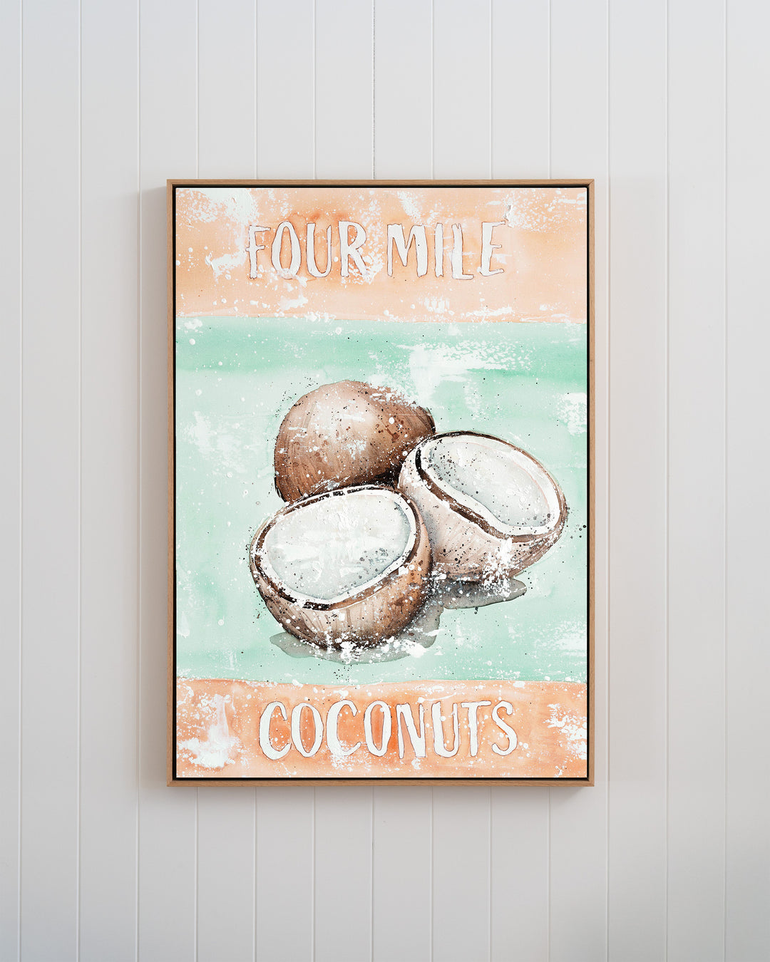 Four Mile Coconuts – tropical still life of coconuts, framed canvas in oak float frame