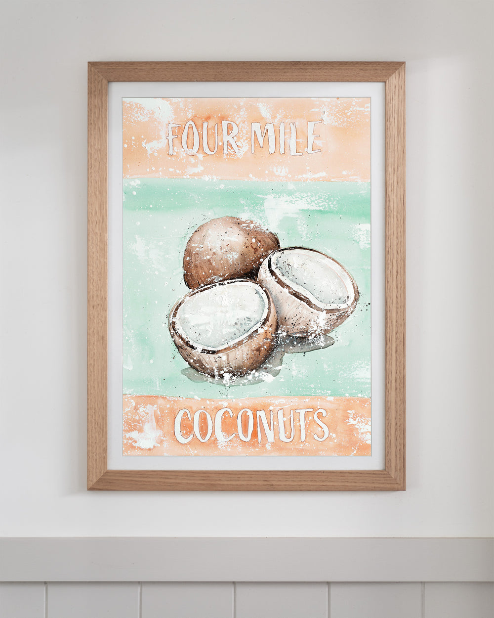 Four Mile Coconuts – tropical still life of coconuts, framed paper print in oak frame