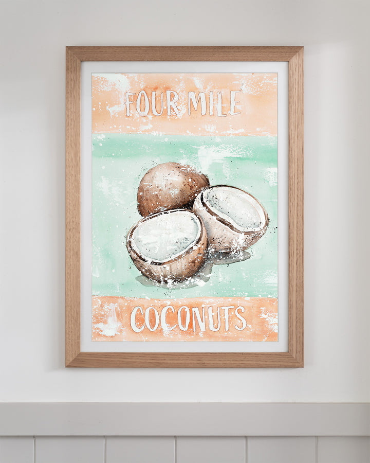 Four Mile Coconuts – tropical still life of coconuts, framed paper print in oak frame