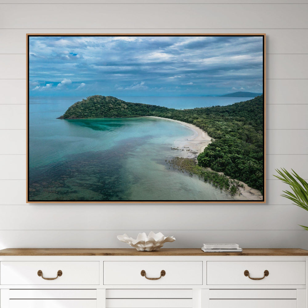 Four Seasons in One Day – Aerial view of Cape Tribulation with deep blue clouds, reef, and coastline | Shadow Box Canvas Print by David Lloyd