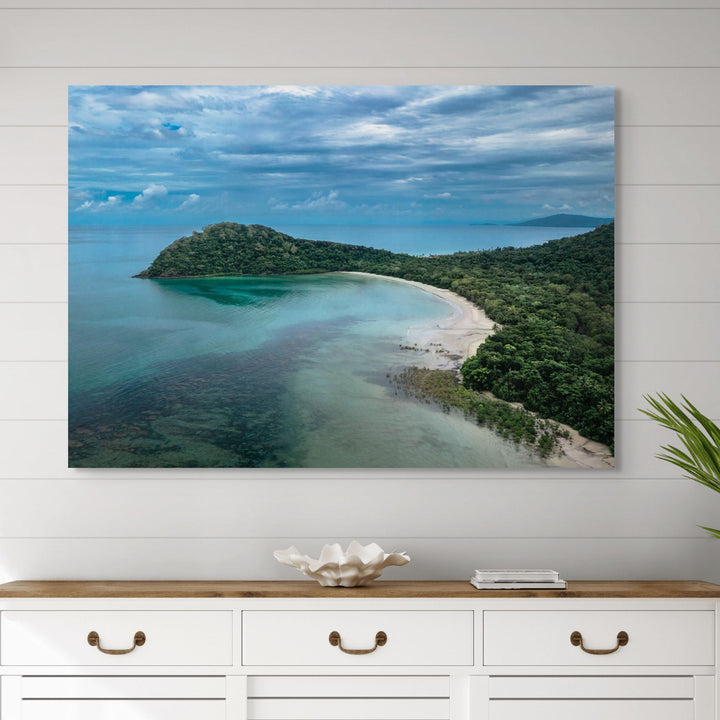 Four Seasons in One Day – Aerial view of Cape Tribulation with deep blue clouds, reef, and coastline | Stretched Canvas Print by David Lloyd