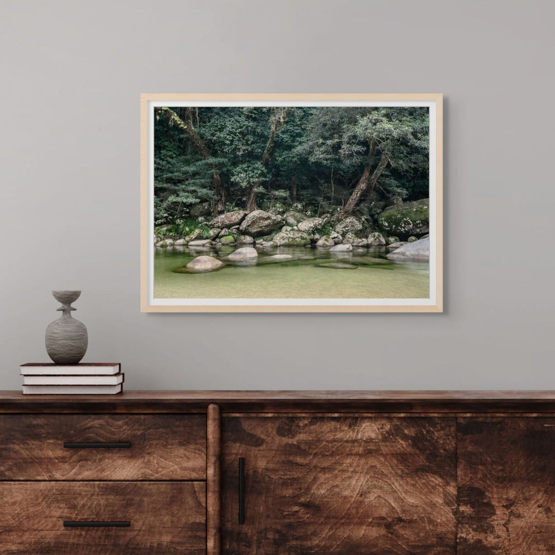 From The Gorge – landscape photograph of flowing rainforest creek through Mossman Gorge with tropical forest and smooth rocks | Framed Paper Print