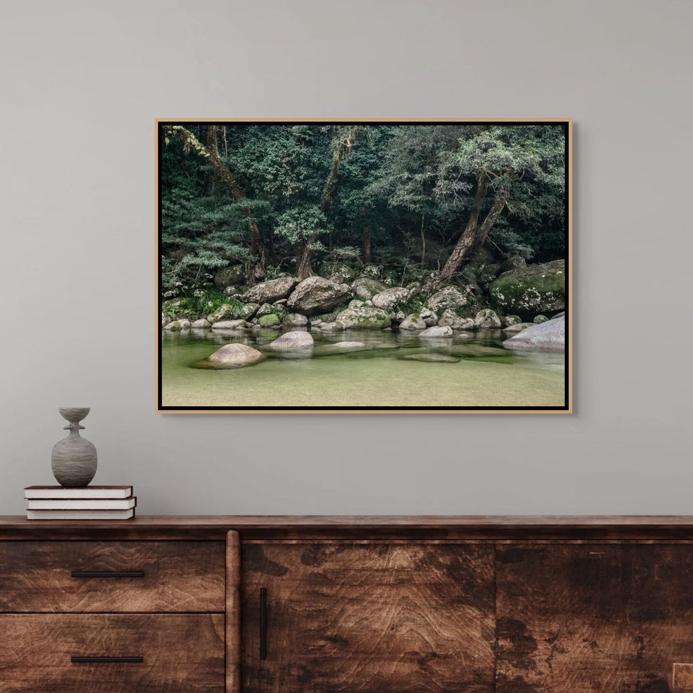 From The Gorge – landscape photograph of flowing rainforest creek through Mossman Gorge with tropical forest and smooth rocks | Shadow Box Canvas Print