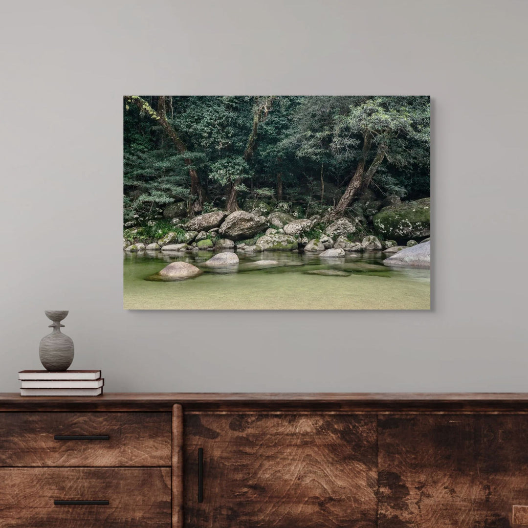 From The Gorge – landscape photograph of flowing rainforest creek through Mossman Gorge with tropical forest and smooth rocks | Stretched Canvas Print
