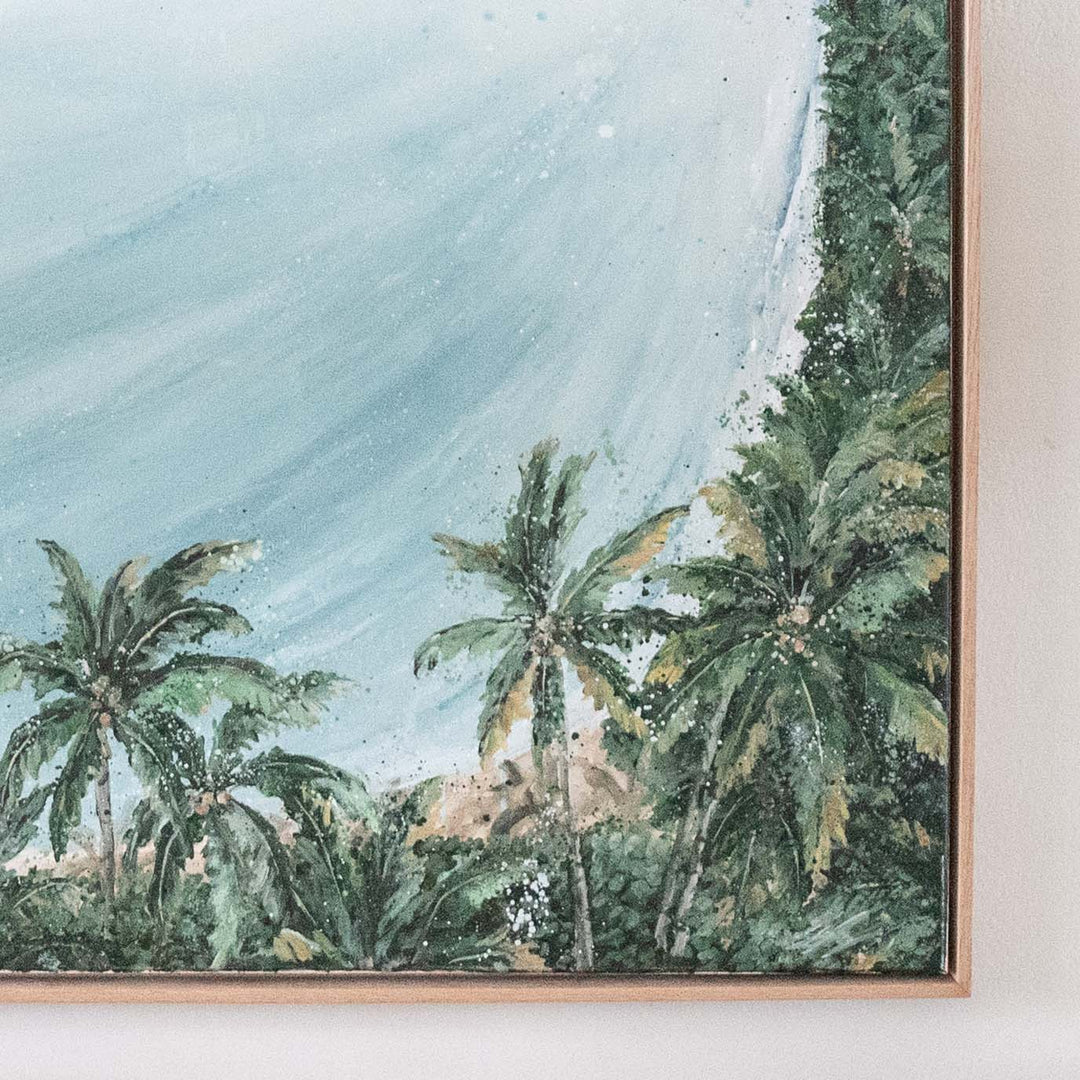 From the Lookout – close-up detail of palm trees and coastline overlooking Four Mile Beach in Port Douglas by Stephanie Elizabeth | Original Artwork
