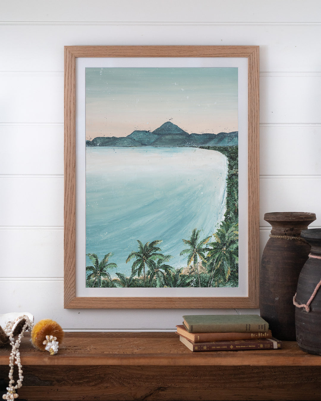From the Lookout landscape fine art print by Stephanie Elizabeth, framed paper print in an oak frame on a shelf