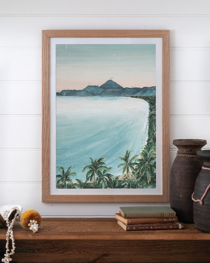 From the Lookout landscape fine art print by Stephanie Elizabeth, framed paper print in an oak frame on a shelf