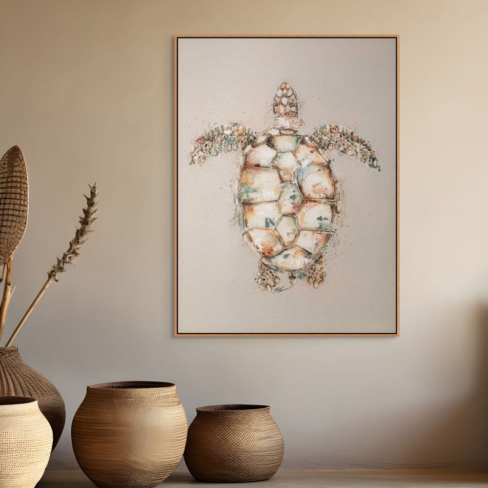 Green sea turtle painting by Stephanie Elizabeth – framed acrylic canvas artwork with beige background 1
