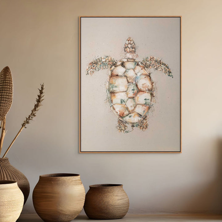 Green sea turtle painting by Stephanie Elizabeth – framed acrylic canvas artwork with beige background 1
