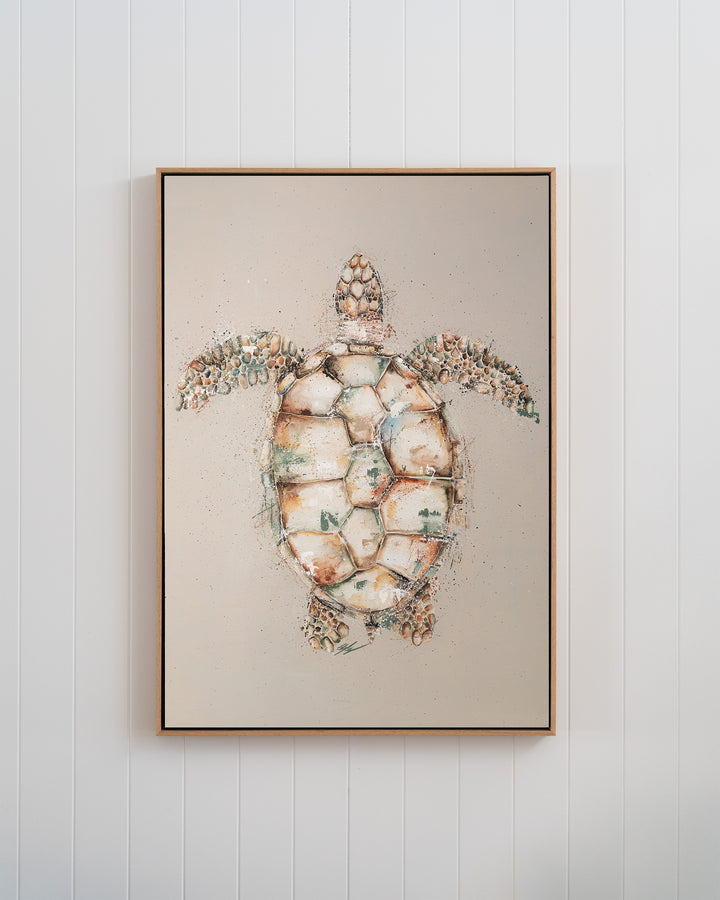 Green sea turtle fine art print by Stephanie Elizabeth, framed canvas in an oak frame