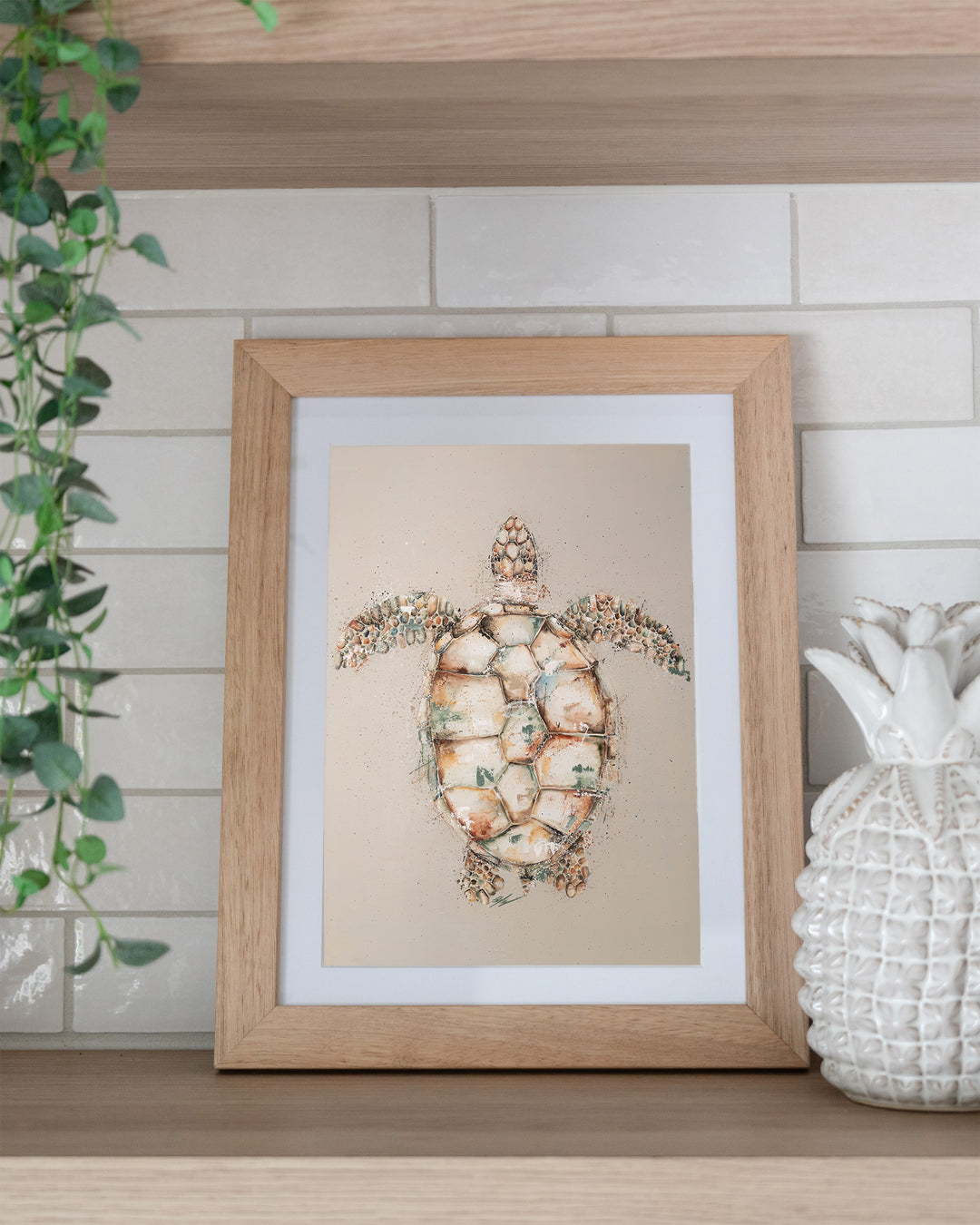Green sea turtle fine art print by Stephanie Elizabeth, framed paper print in an oak frame on a kitchen shelf